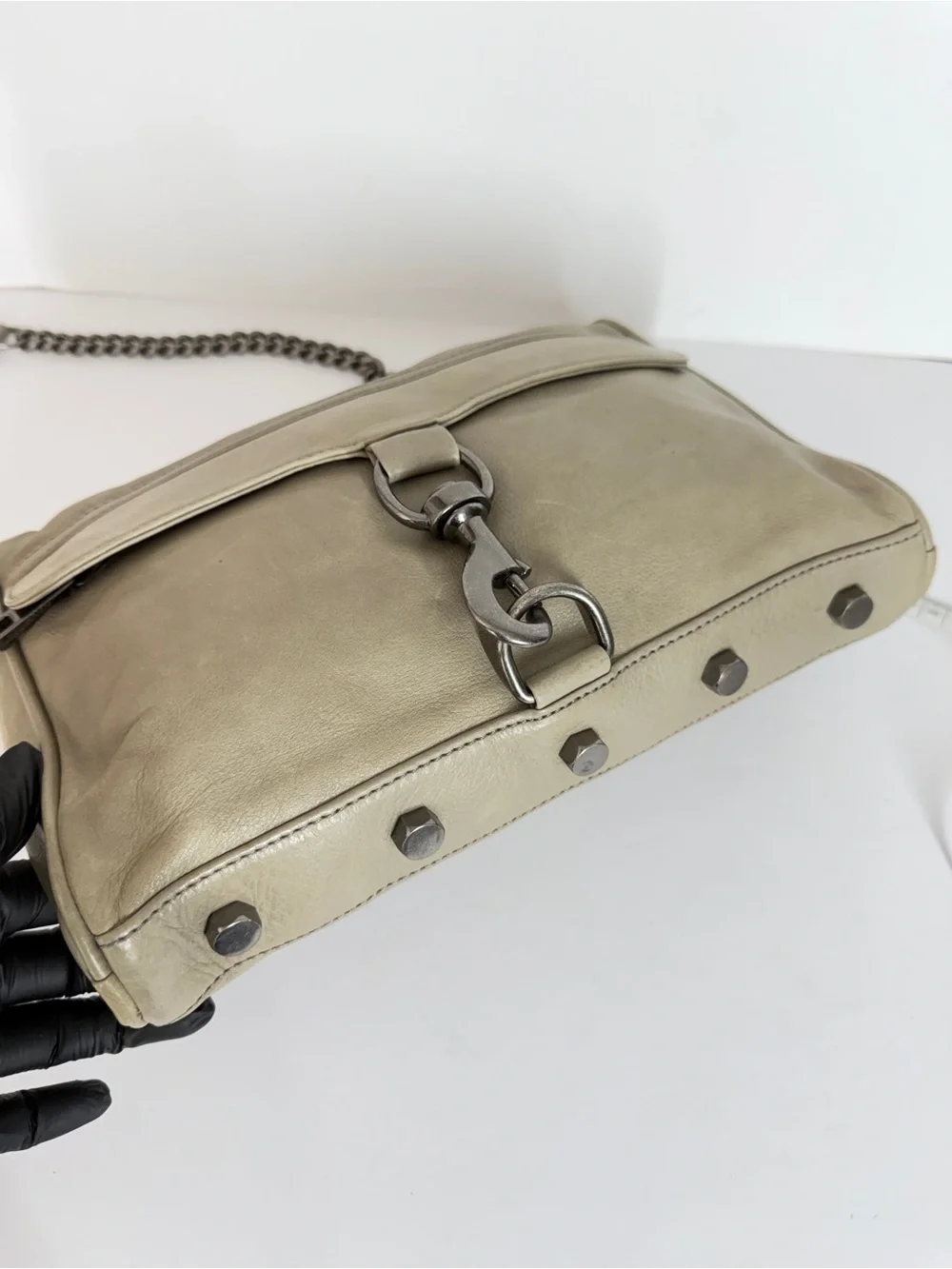Rebecca Minkoff Womens MAC Leather Crossbody Bag Grey Taupe Chain Casual Edgy